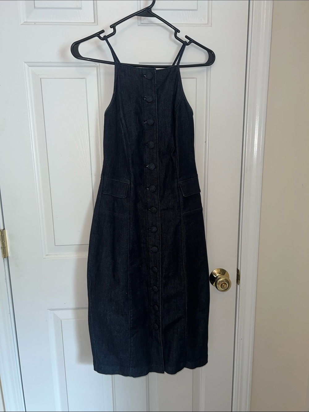 Dark Blue Button-Front Denim Midi Dress